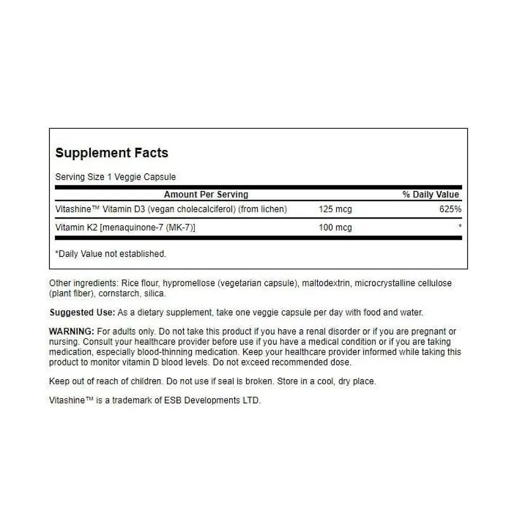 Вітамін D3 з К2, Extra Strength D3 & K2 5000 IU & 100 mcg - 60 vcaps - фото 2