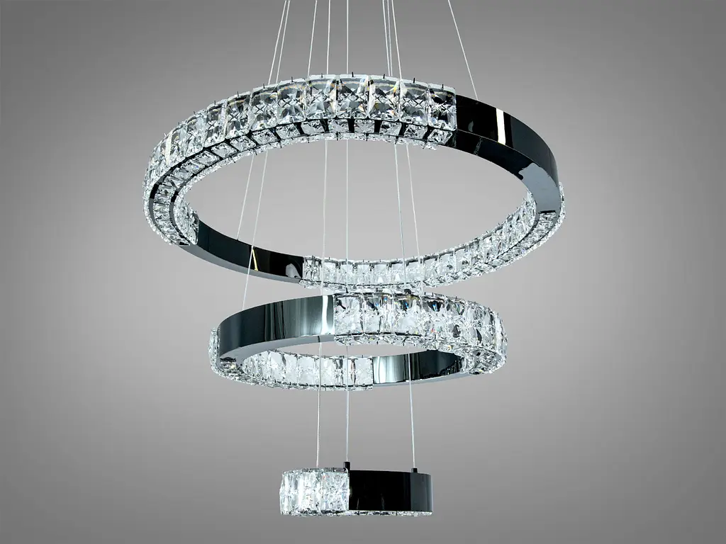 Підвісна LED люстра Diasha 7968/600+400+200BHR хром із трьома кришталевими кільцями та пультом - фото 3