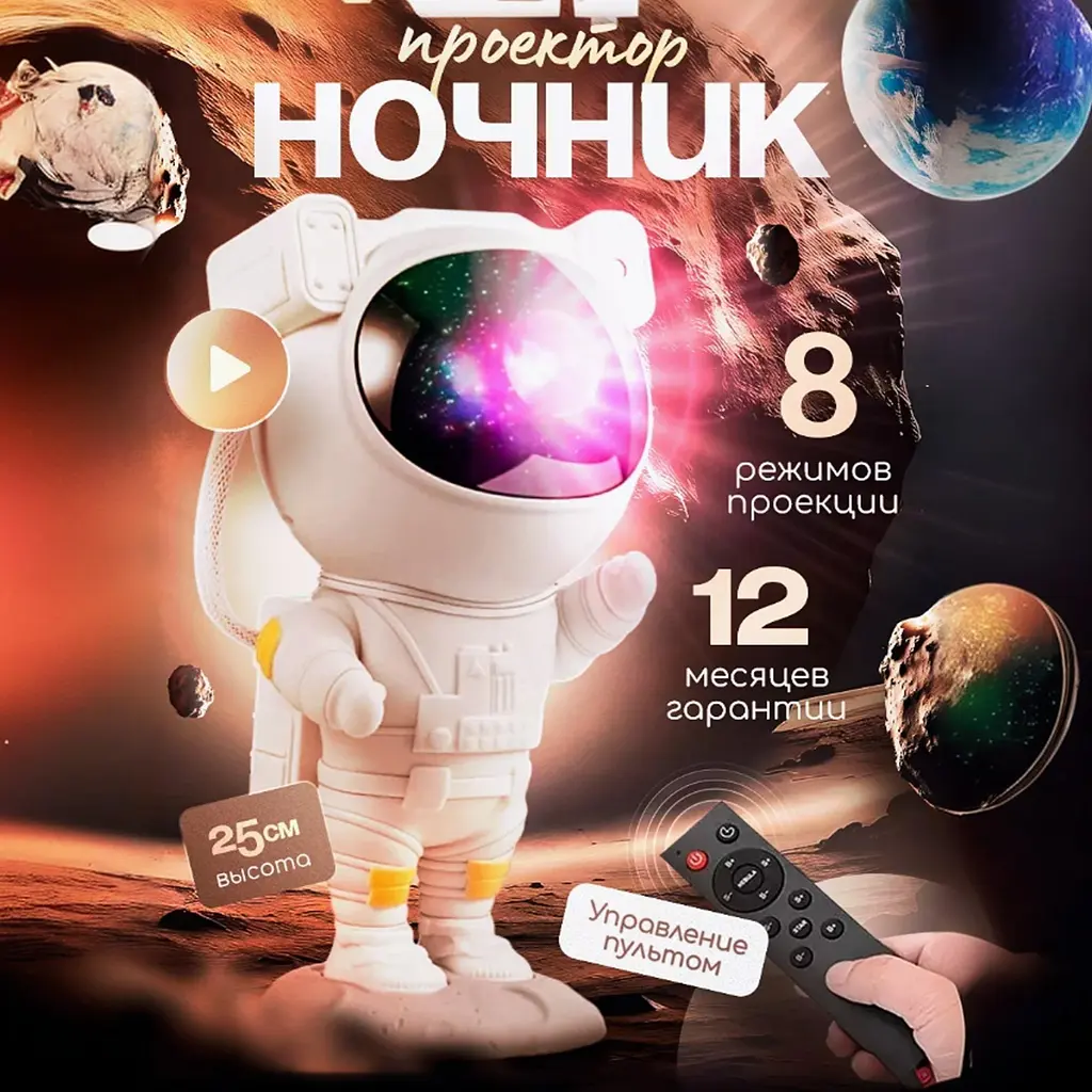 Нічник проектор Космонавт 25 см з пультом, 8 режимів зі налаштуванням яскравості білий (AstrBIG25) - фото 4