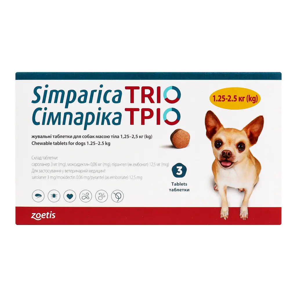 Пігулка від бліх та кліщів Сімпаріка Тріо для собак 1.3-2.5 кг 3 шт. (10024331) - фото 3