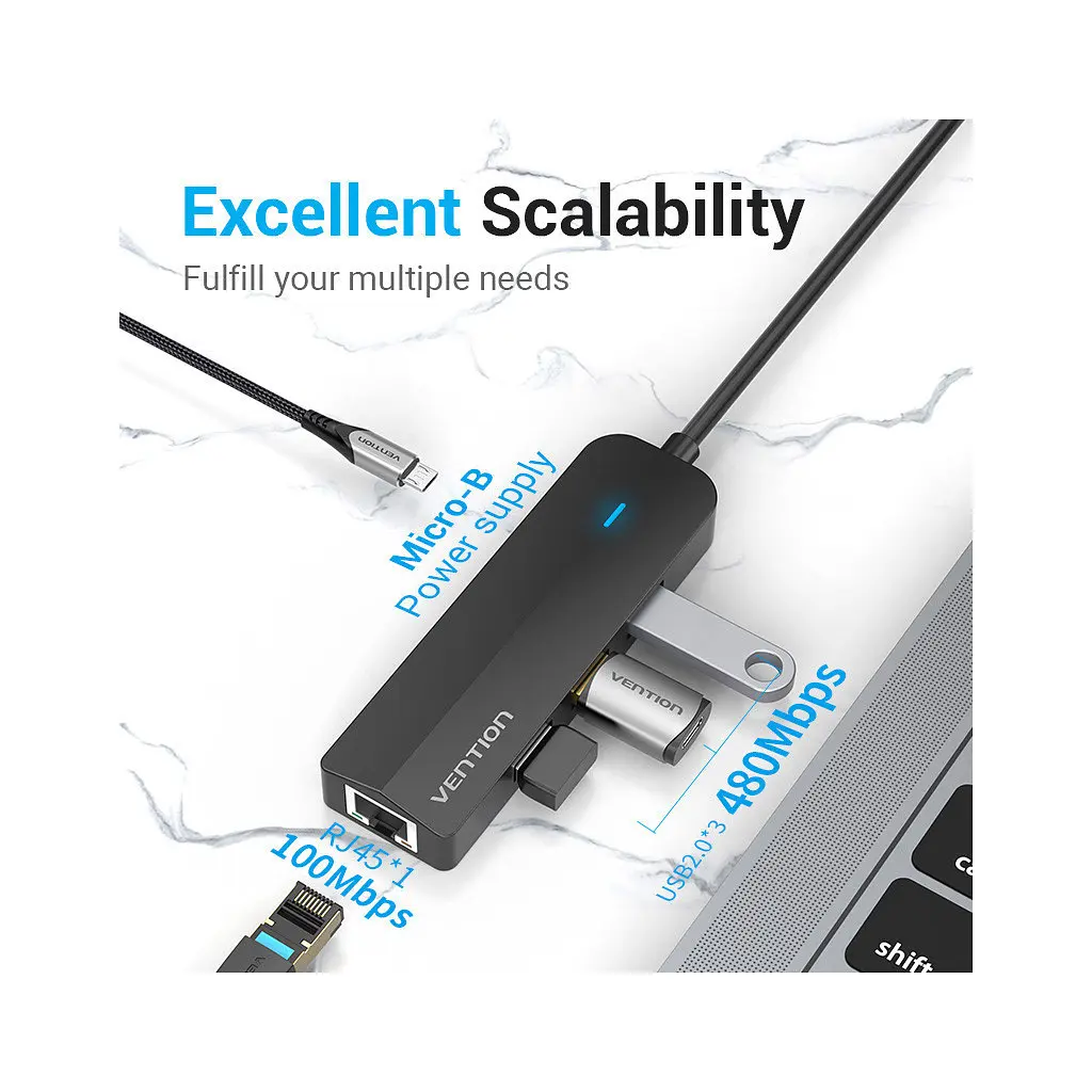Концентратор Vention USB 3.1 Type-C to 3xUSB 2.0+MicroUSB+RJ45 100M Ethernet black (TGOBB) - фото 3
