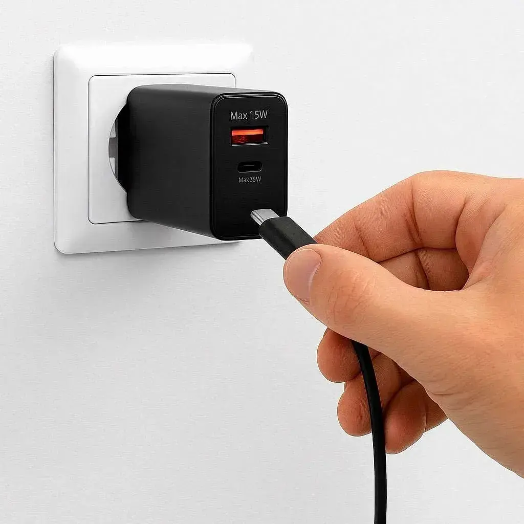 Зарядний пристрій USB-C + USB-A 35W з кабелем 1 м, адаптер для телефону, чорний - фото 4