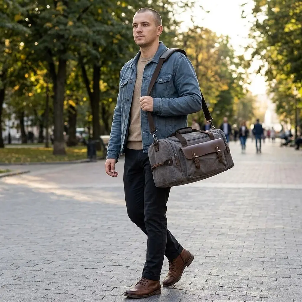 Дорожня сумка текстильна з кишенею 20191 Vintage сіра - фото 2