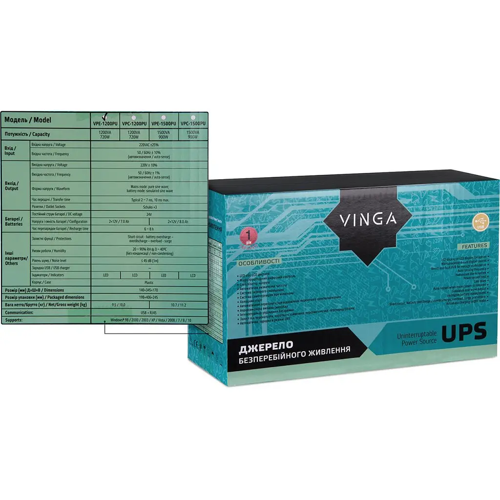 Пристрій безперебійного живлення Vinga LED 1200VA plastic case with USB (VPE-1200PU) - фото 12
