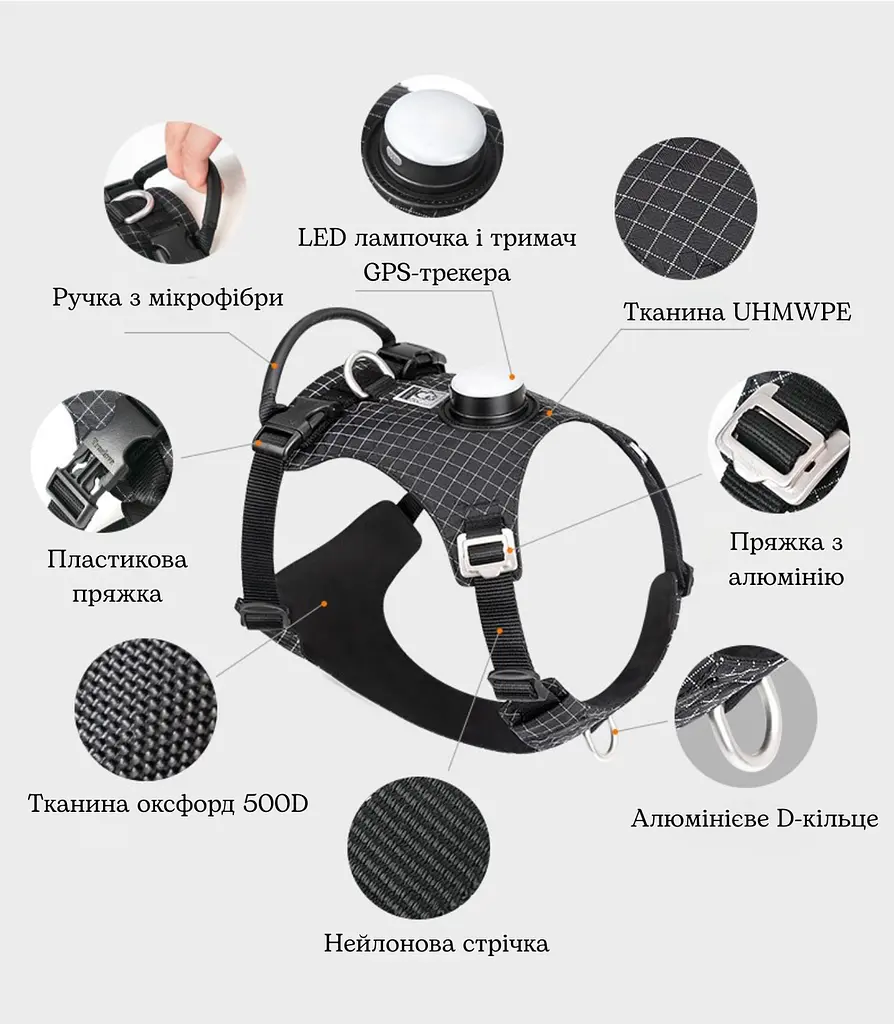 Шлея для собак Truelove TLH6771 з LED-підсвічуванням і тримачем для GPS-трекера, XS Чорний - фото 5
