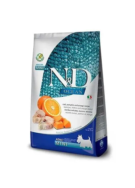 Фарміна дог сух N&D Grain Free OCEAN COD, PUMPKIN & ORANGE ADULT MINI з тріскою та апельсином 800г