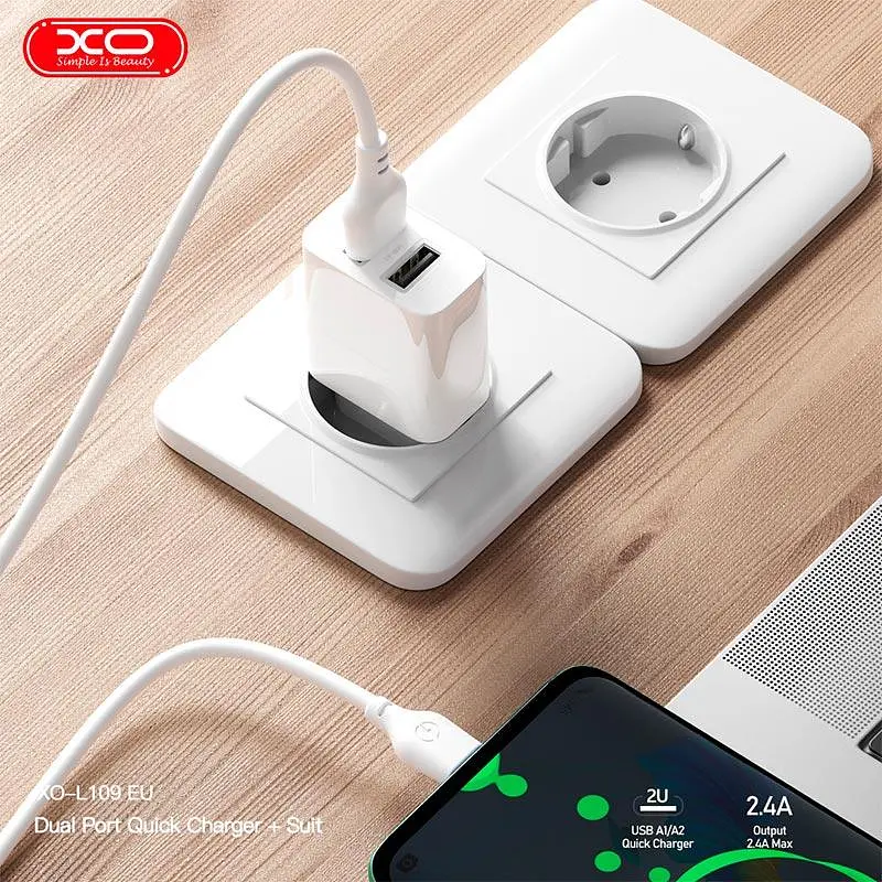 Адаптер мережний XO Micro USB Cable Dual USB Charger L109 |2USB, 2.4A| - фото 2