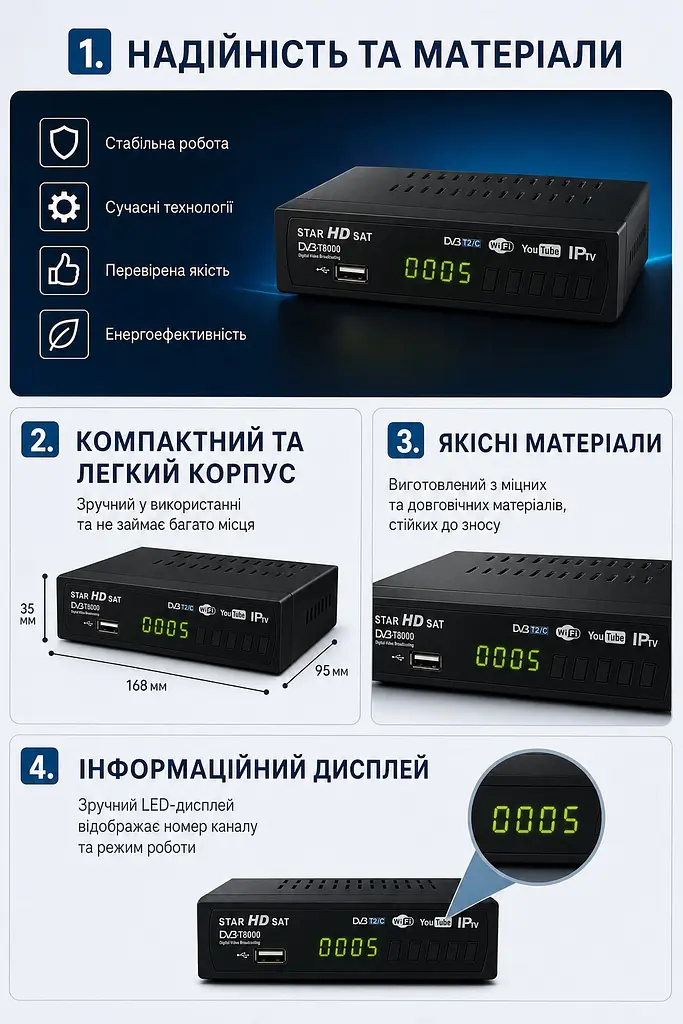 Цифрова ТВ-приставка Т2-тюнер DVB-T2/C IPTV з Wi-Fi, HDMI, USB, дисплеєм та пультом ДК, чорна - фото 4
