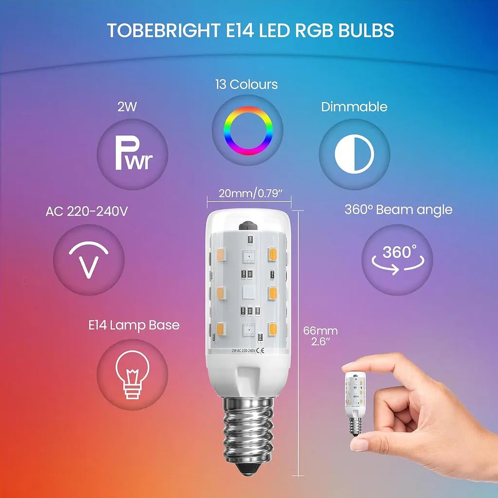 Світлодіодні лампи TobeBright 2W E14 RGB, що змінюють колір, E14 затемнення капсульний світлодіодний пульт дистанційного керування - фото 3
