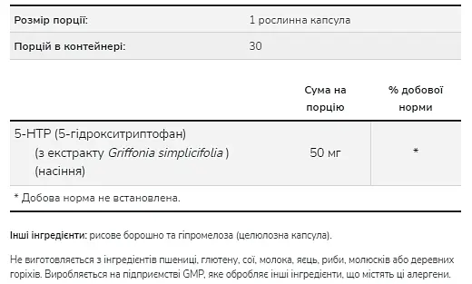5-Гідрокситриптофан 5-HTP 50 мг - 30 вег. капсул - фото 3