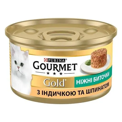 Упаковка влажного корма для кошек Gourmet Gold Нежные биточки с индейкой и шпинатом 1.02 кг (85 г x 12 шт.) - фото 3