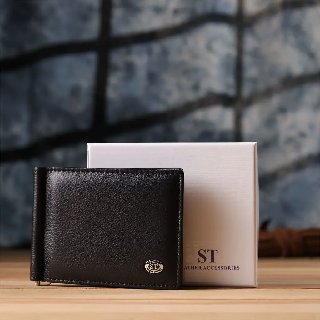 Чоловічий гаманець із металевим затискачем з натуральної шкіри ST Leather 23092 чорний - фото 10