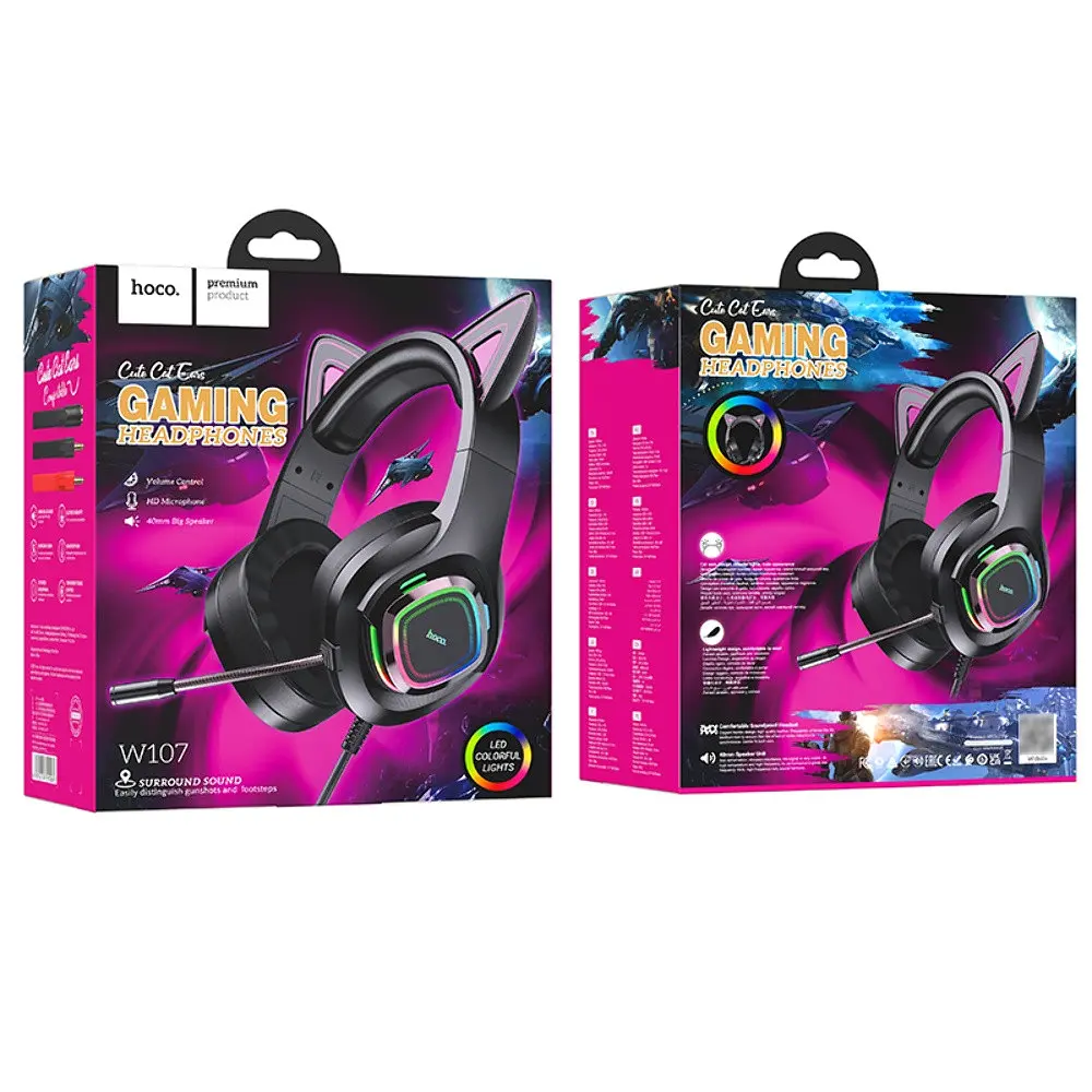 Наушники накладные Hoco W107 игровые с ушками и LED подсветкой Jack 3.5 phantom cat - фото 7