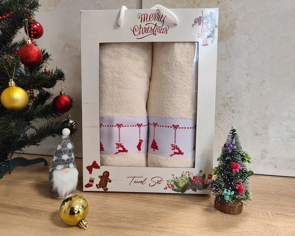 Набір новорічних рушників Gulcan 50x90+70х140 Merry Christmas Decorations Beige - фото 3