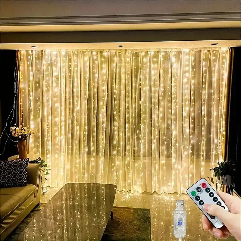 Гірлянда LED-штори M-Light 3х2 м USB-живлені з пультом дистанційного керування 8 режимів, теплий колір - фото 2