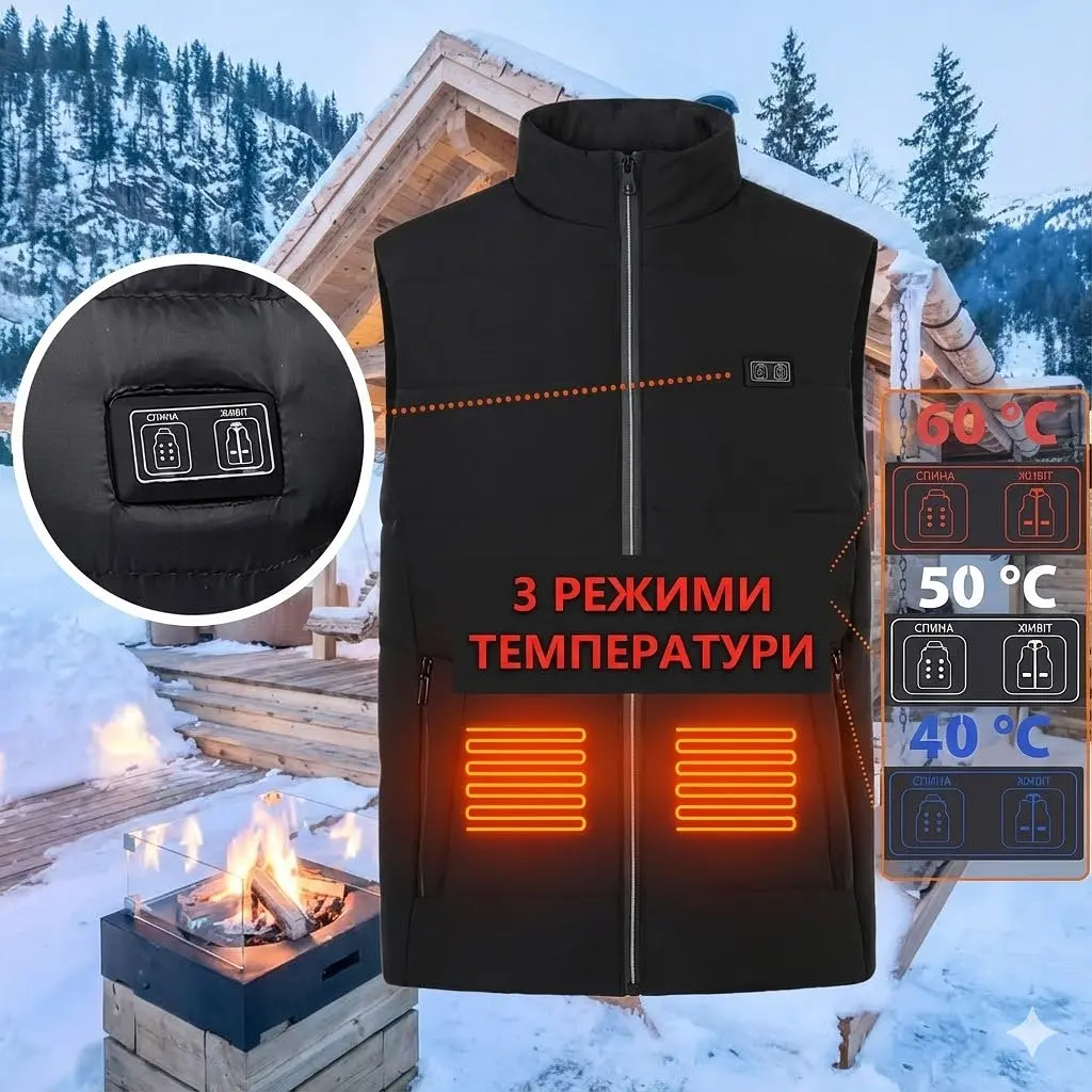 Жилет з підігрівом із коміром розміру L Жилет з 9 зонами нагрівання та 3 режимами регулювання температури - фото 2