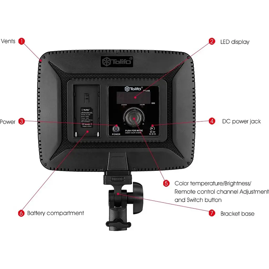 Накамерный свет Tolifo PT-24B 24W color 3200-5600K [110711] - фото 5
