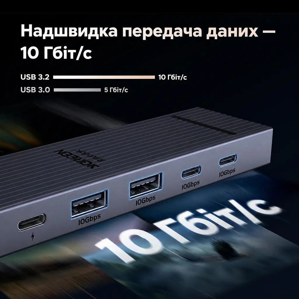 USB-C хаб UGREEN Revodok Pro CM818 6 в 1 HDMI до 4K 60 Гц 2 USB-A та 2 USB-C для даних USB 3.2 Gen 2 до 10 Гбіт/с вхід USB-C PD 3.0 до 100 Вт наскрізне заряджання ноутбука до 85 Вт HDMI потребує USB-C з відеовиходом заряджання потребує приймання живлення USB-C для 85 Вт потрібні зарядний пристрій PD 100 Вт і кабель Windows macOS Linux без драйверів Steam Deck ROG Ally індикатор алюмінієвий корпус вбудований кабель 20 см космічний сірий (45363) - фото 8