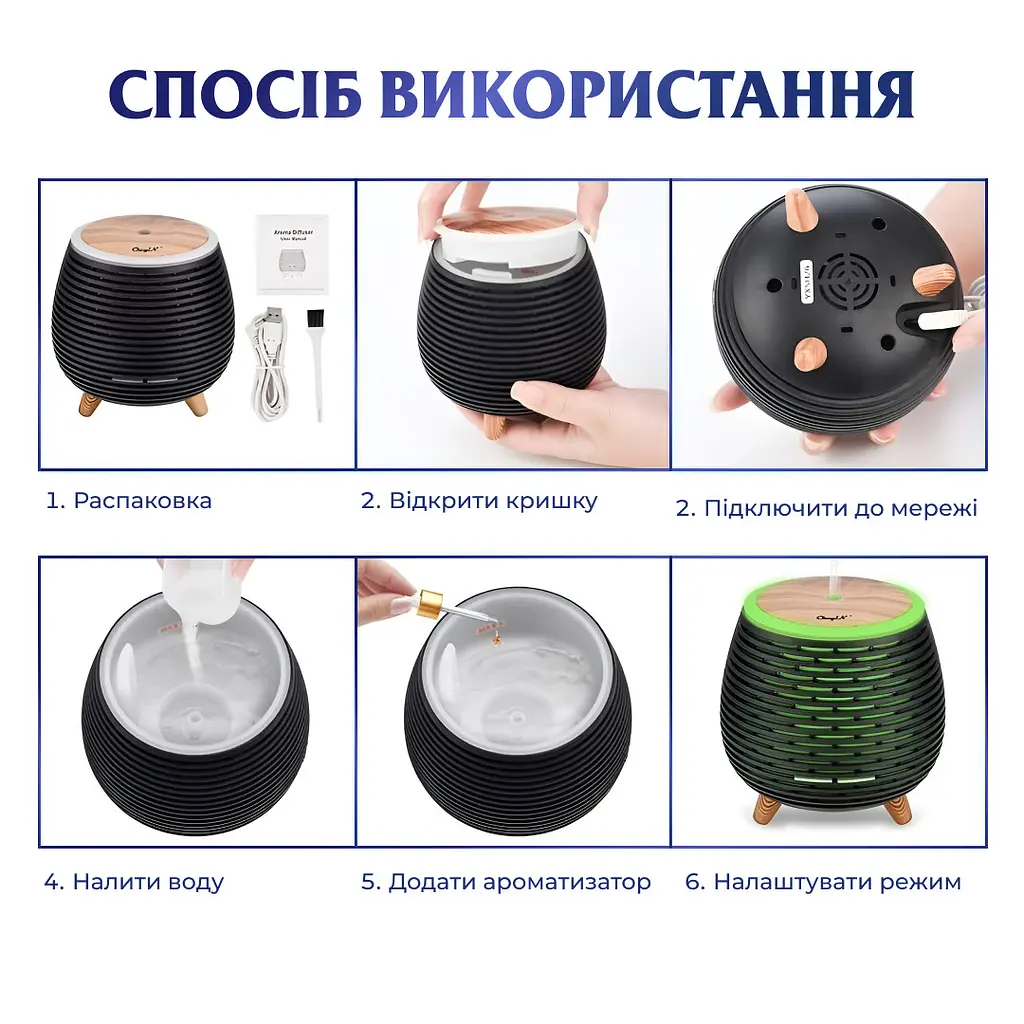 Зволожувач повітря аромадифузор з підсвічуванням 140 мл, чорний Holdmay HPKP6049B - фото 7