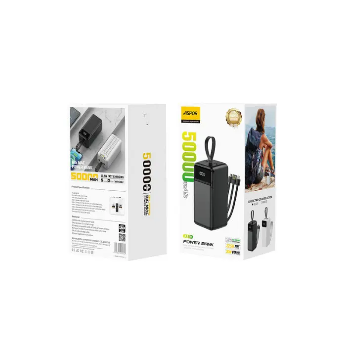 Универсальная мобильная батарея - внешний аккумулятор Aspor A319W 50000 mAh 22.5 Вт белый - фото 5
