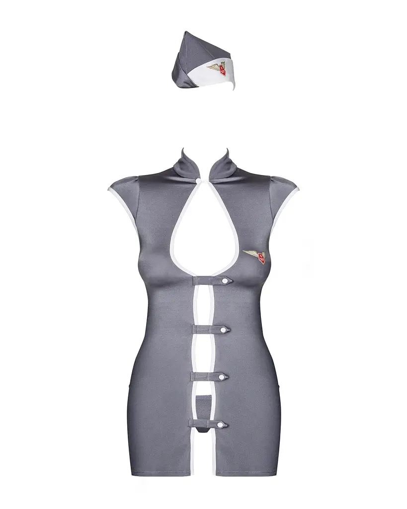 Еротичний костюм стюардеси Obsessive Stewardess 3 pcs grey S/M, сірий, сукня, стрінги, пілотка - фото 5
