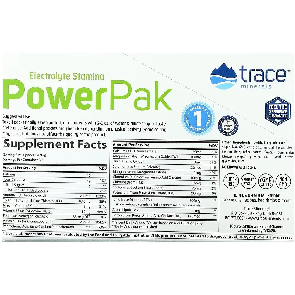 Електроліти Trace Minerals Electrolyte Stamina PowerPak зі смаком лимон-лайм 30 пакетиків - фото 2