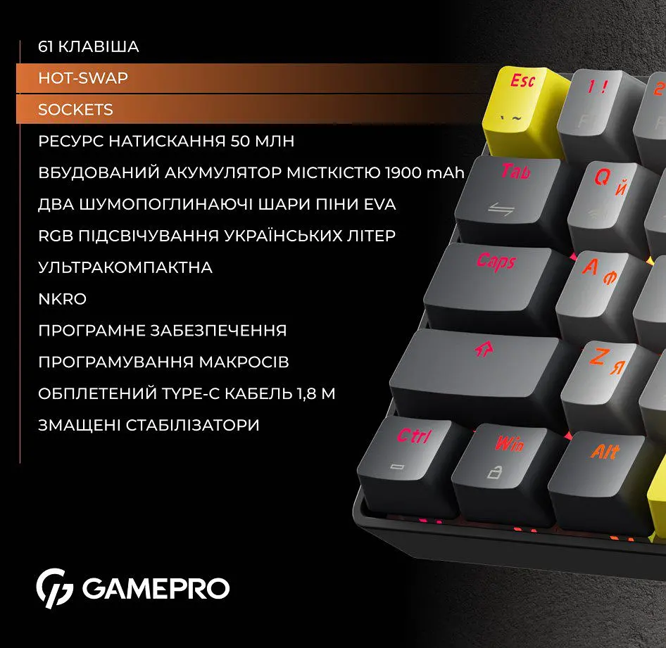 Механічна ігрова клавіатура GamePro GPMK-130G Pro Black Hot-Swap Outemu Red Switch RGB 2.4G/Bluetooth/USB - фото 13
