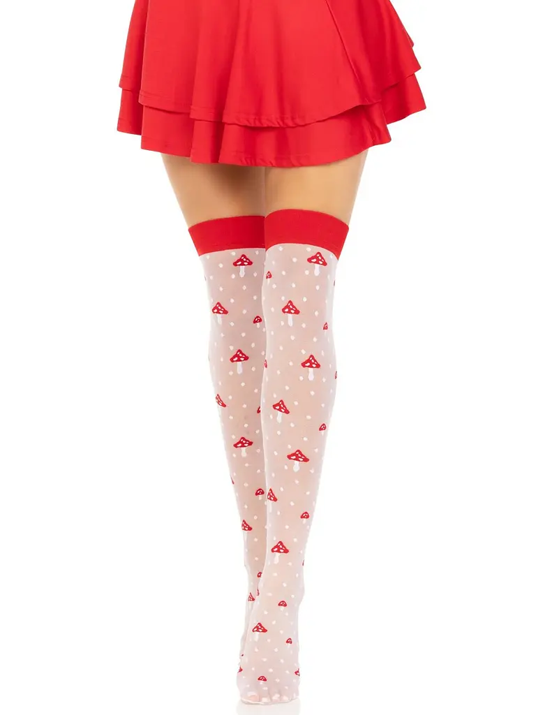 Панчохи Leg Avenue Polka Dot Mushroom Thigh Highs, One Size, біло-червоні, на резинці, малюнок — гриби - фото 5