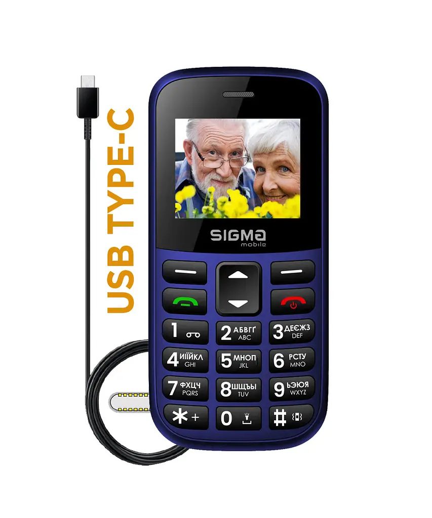 Мобільний телефон Sigma mobile Comfort 50 Easy Type-C, синій, 'бабушкофон', 2 Mini-SIM, дисплей 1.77' кольоровий (160x128), моноблок,