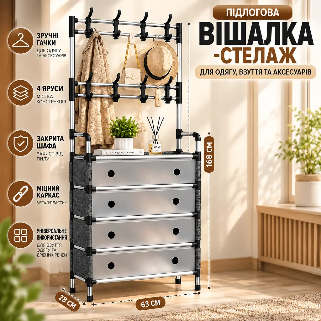 Підлогова вішалка - стелаж із закритою взуттєвою шафою на 4 дверці BXMJ 6205 63×28×168 см - фото 5