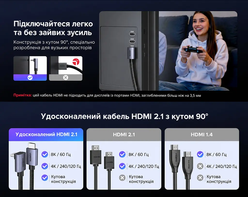 Кабель HDMI UGREEN HD188 2.1 кутовий 90° 8K 60 Гц 2 м чорний (85169) - фото 13