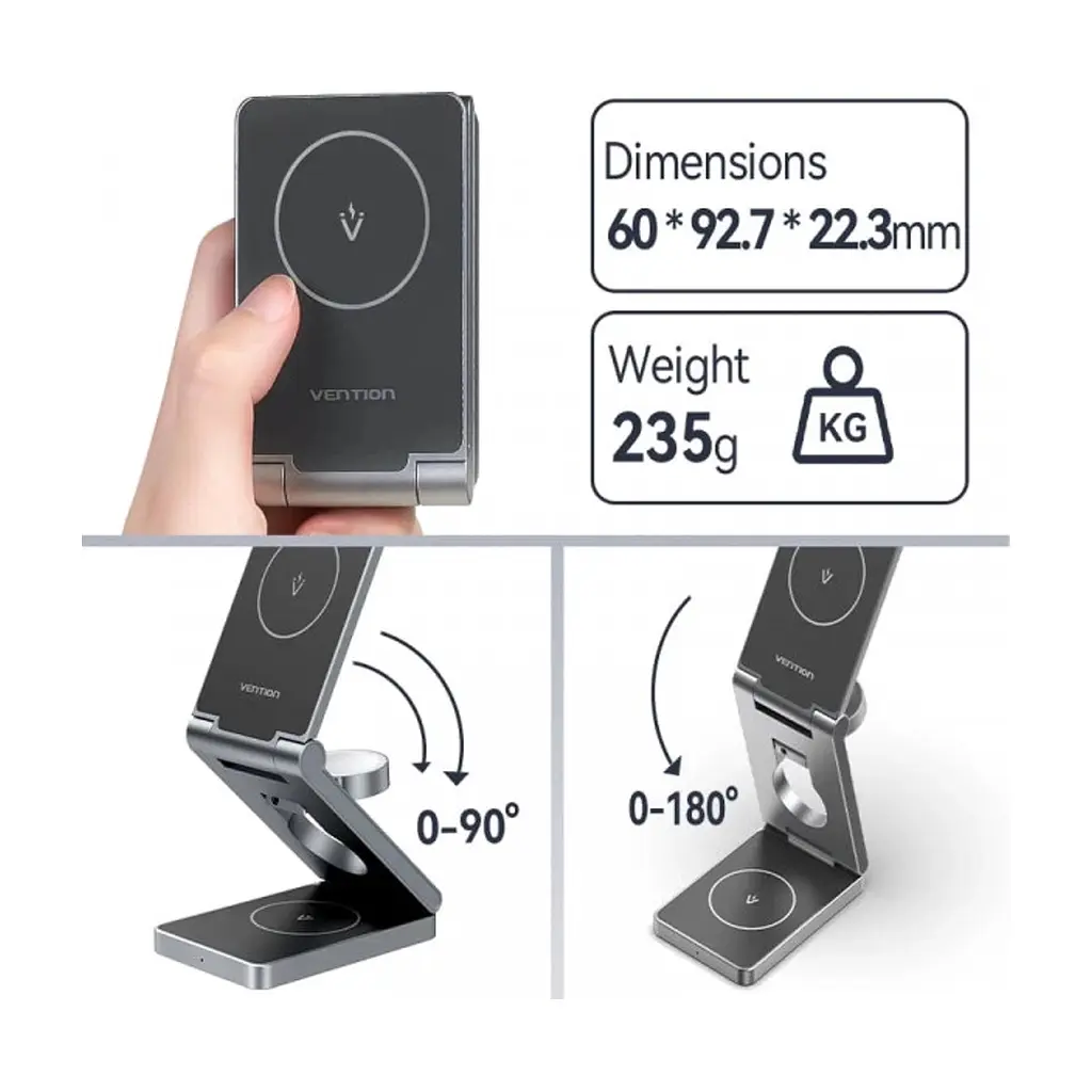 Зарядний пристрій Vention Magnetic Wireless Charger 15W 3-in-1 gray (FGFH0) - фото 5