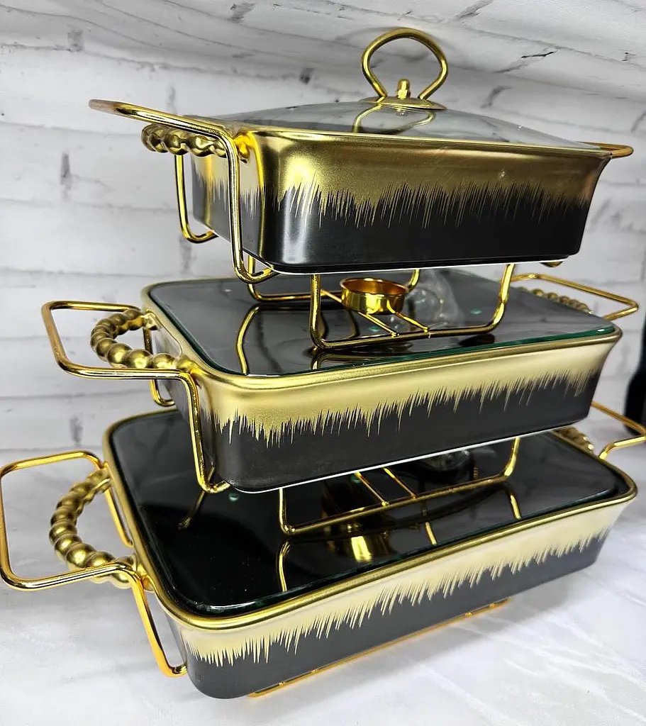 Набір з 3-х мармітів керамічних прямокутних Kitchen з кришками із скла Чорно Золотий - фото 2