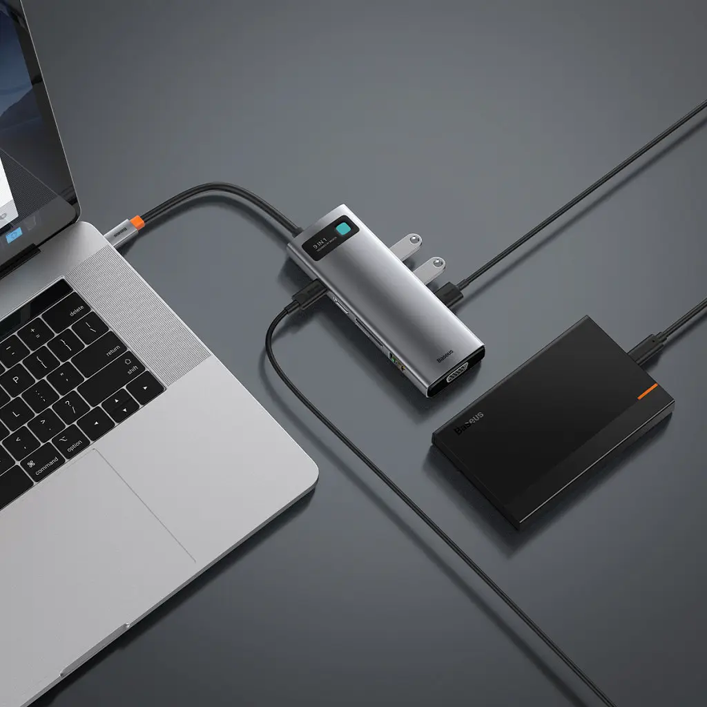Концентратор Baseus USB3.1 Type-C to USB C(PD)100W/HDMI 4K 30Hz/VGA/USB3.2/RJ45/SD+TF,9in1 Grey (CAHUB-CU0G) - фото 11