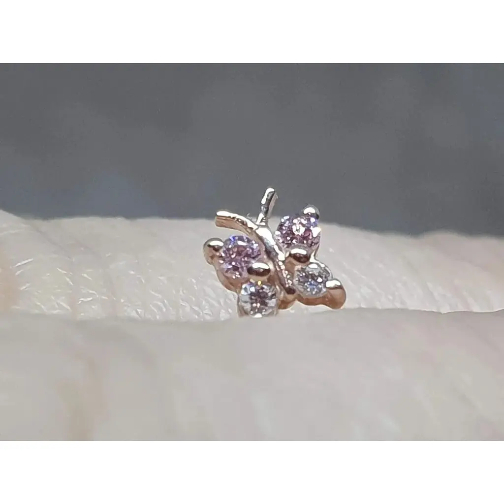 Золотая серьга-пирсинг в нос Dear с фианитами. 1041.1 Розовый (светлый)/Белый - фото 2