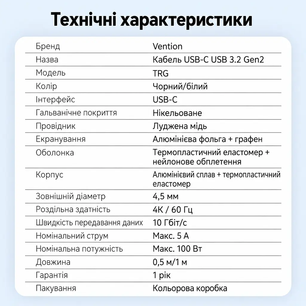 Кабель Vention TRGBF USB-C - USB-C USB 3.2 Gen 2 PD 100 Вт 4K 1 м чорний (TRGBF) - фото 13
