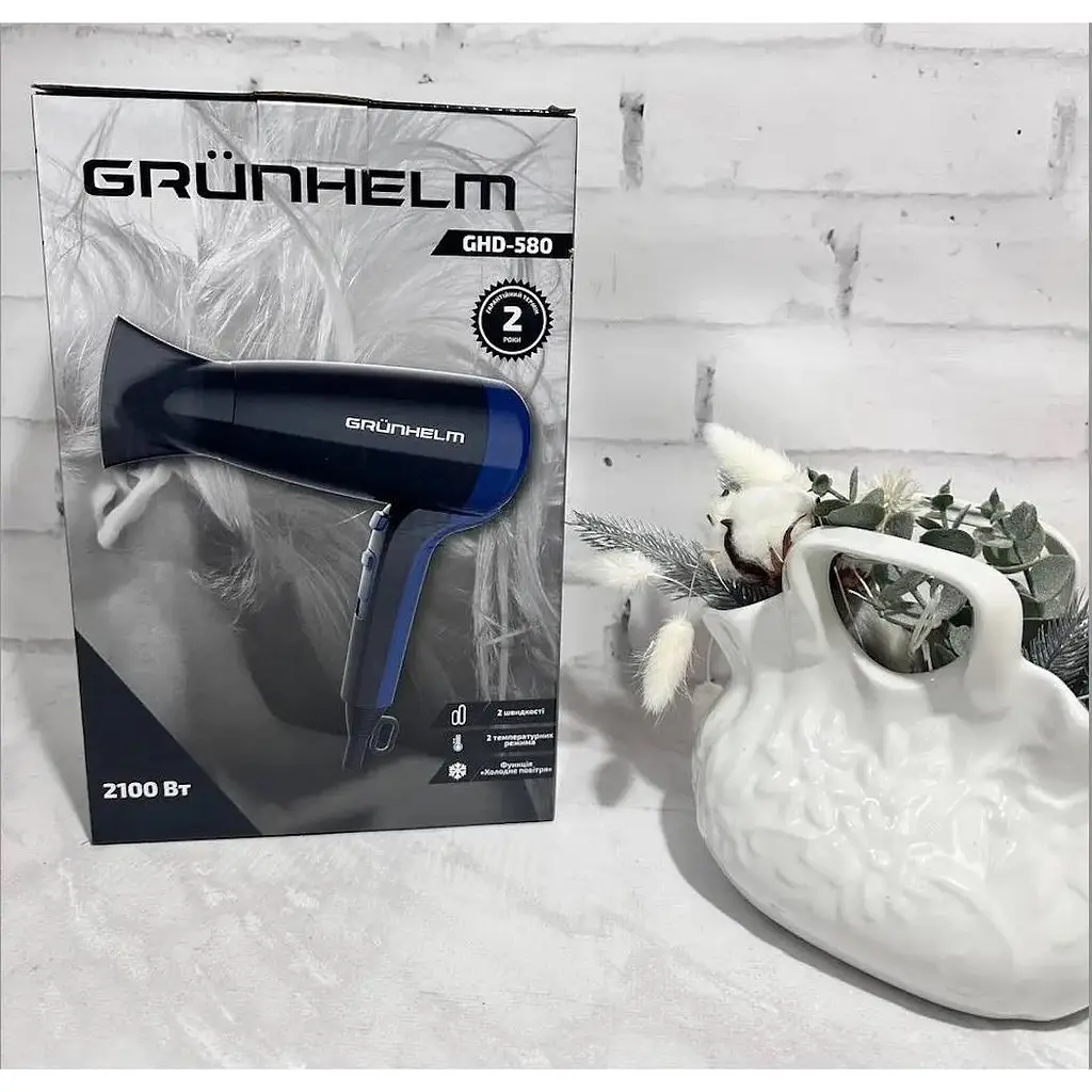 Фен для сушіння волосся Grunhelm GHD-580 потужний компактний 2 режими 2100 Вт чорно-синій - фото 8