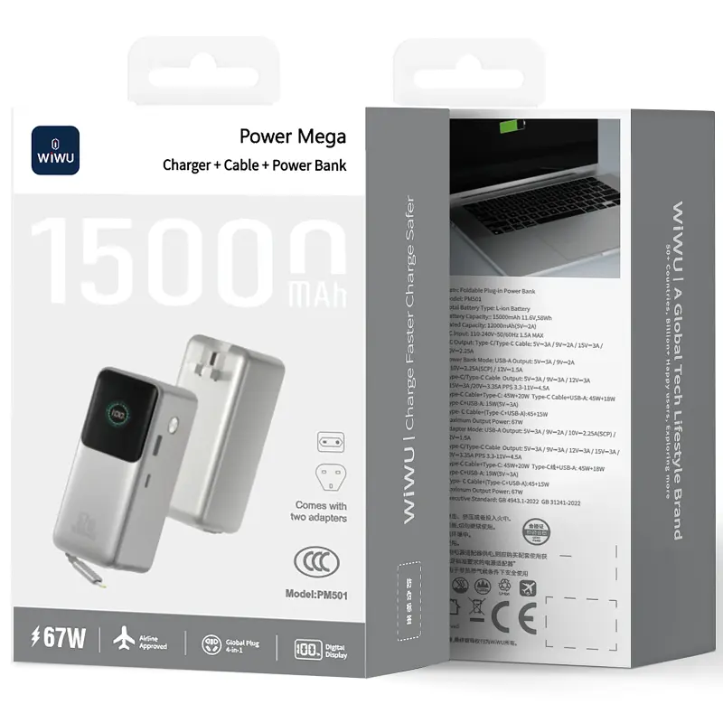 Портативний ЗП Power Bank WIWU PM501 Power Mega PD67W with cable 15000 mAh Silver - фото 2