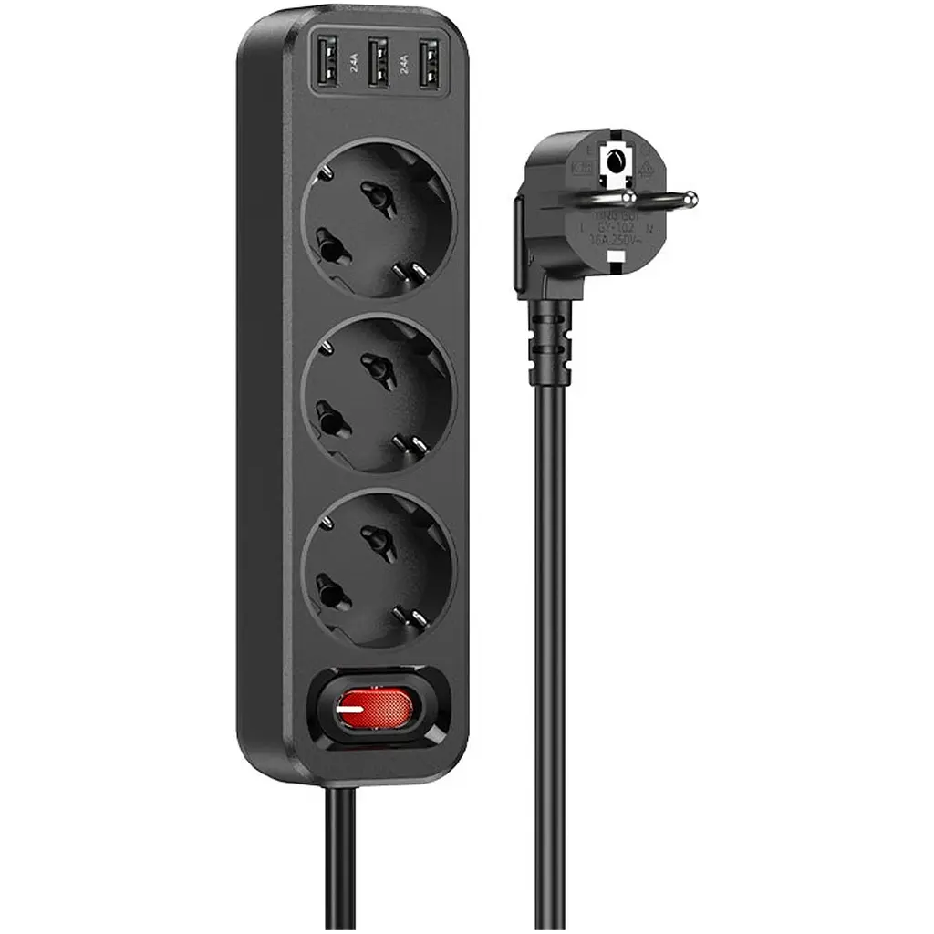 Мережевий фільтр Hoco NS2 3-position Extension Cord Socket + 3 USB Black [765161] [75857] - фото 2
