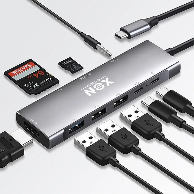 USB-хаб XON SmartHub 9 в 1 (HDMI, 3.5 Audio, SD/TF, 2xType-C, 3xUSB3.0) Сірий (UHCHP095300G 5245) - фото 2