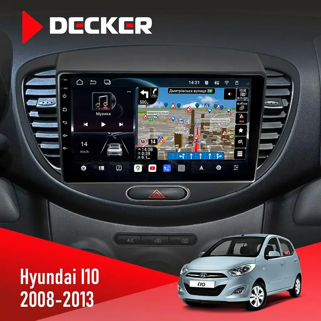 Штатна магнітола Hyundai i10 2008-2013 Decker D9-011 4x64, DSP, 4G, 360 Decker (НФ-00005707)