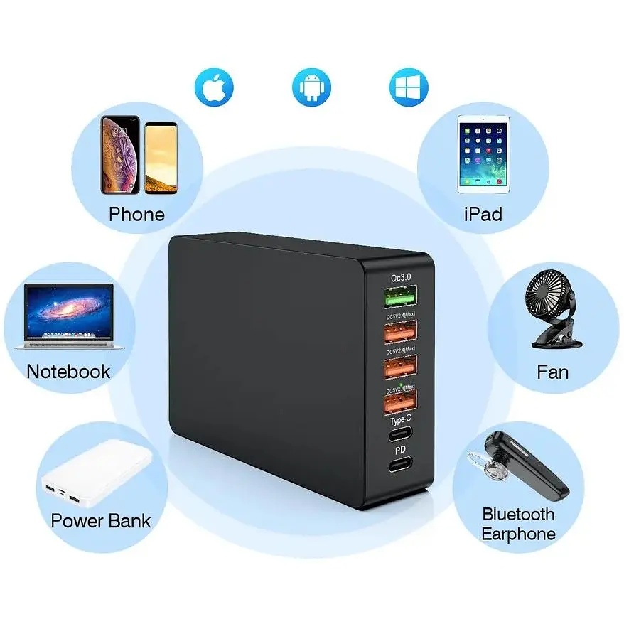Зарядний пристрій Primo WLX-518 1xUSB QC3.0 / 3xUSB / 1xType-C /1xPD Type-C / 65W (Max) чорний - фото 2