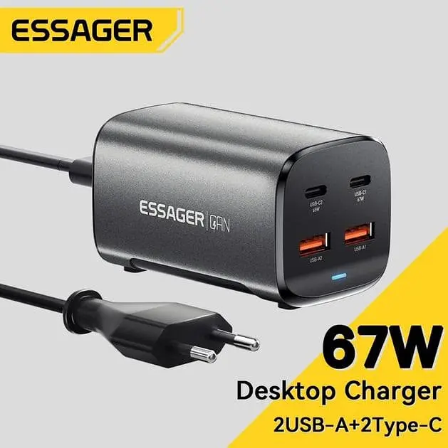 Зарядний пристрій Essager 67w Gan Desktop Charger 4 порти ES-CD35 чорний - фото 4