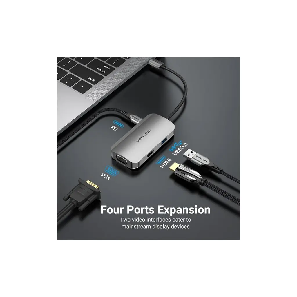 Концентратор Vention USB3.1 Type-C --> HDMI/VGA/USB 3.0/PD 100W Hub 4-in-1 (TOAHB) - фото 4