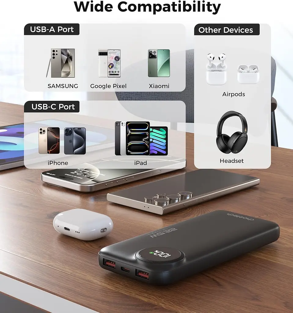 Універсальна мобільна батарея Choetech 10000mAh 22,5W PD 2xUSB-A, USB-C чорна - фото 6