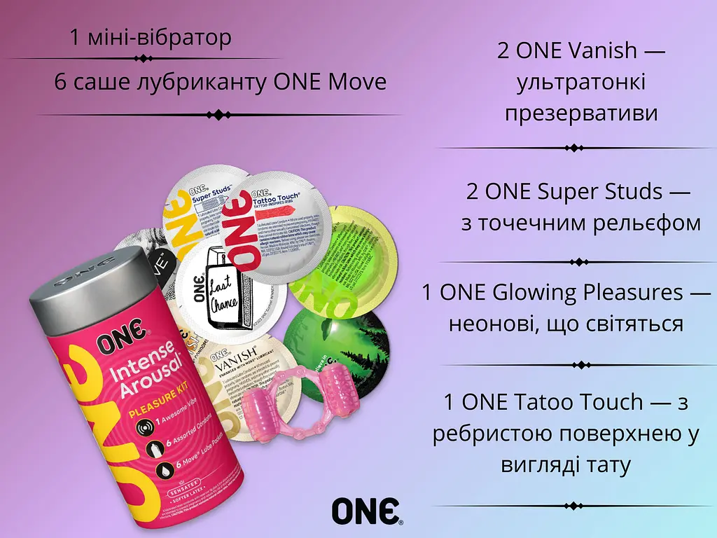 Набір One Intense Arousal Pleasure Kit: Презервативи 6 шт. + Лубрикант 6 шт. + Вібро кільце 1 шт. (ROZ6501053344) - фото 5