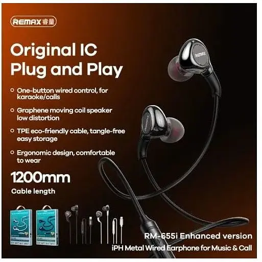 Наушники Remax RM-655i Lightning Metal Wired Earphone for Music & Call черные - фото 2