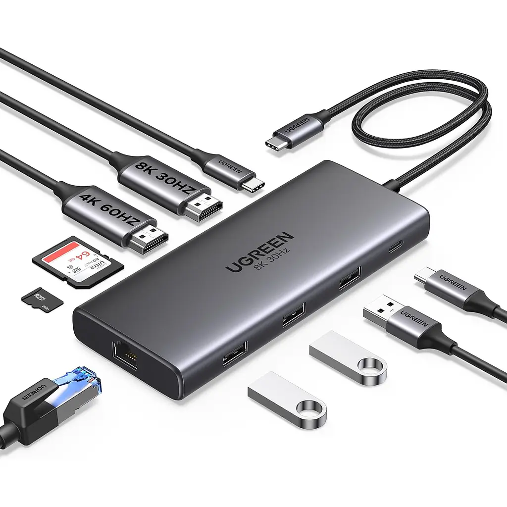Док-станція USB-C UGREEN CM639 10 в 1 2 виходи HDMI HDMI 2 до 8K 30 Гц або 4K 120 Гц з одним дисплеєм до 4K 60 Гц із двома для HDMI потрібен USB-C з відеовиходом вхід USB-C PD 3.0 до 100 Вт наскрізне заряджання ноутбуків із підтримкою живлення USB-C 1 USB-A 3.0 та 1 USB-C 3.0 до 5 Гбіт/с і 2 USB-A 2.0 до 480 Мбіт/с Ethernet RJ45 до 1 Гбіт/с SD/microSD з одночасним читанням і записом MST незалежне розширення екранів у Windows космічний сірий (15534)