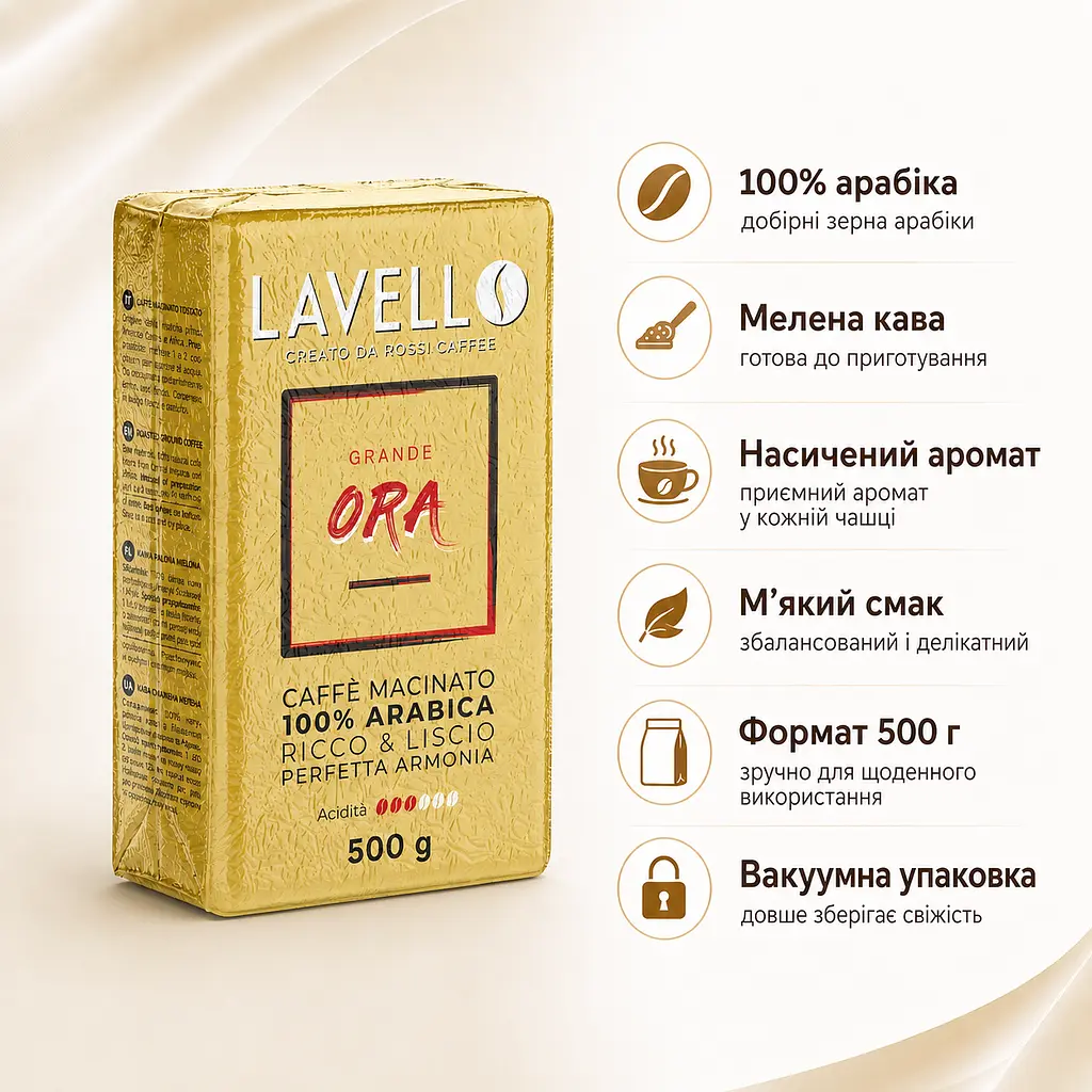 Кава мелена Lavello Grande ORA 100% арабіка 500 г для турки, френч-преса, гейзерної кавоварки та чашки - фото 2
