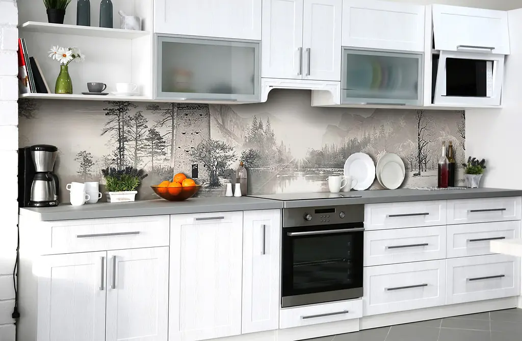 Вініловий кухонний фартух Гірське Озеро наклейка для кухні гори Природа Сірий 60х250 см Happy Pocket Z181408 - фото 5